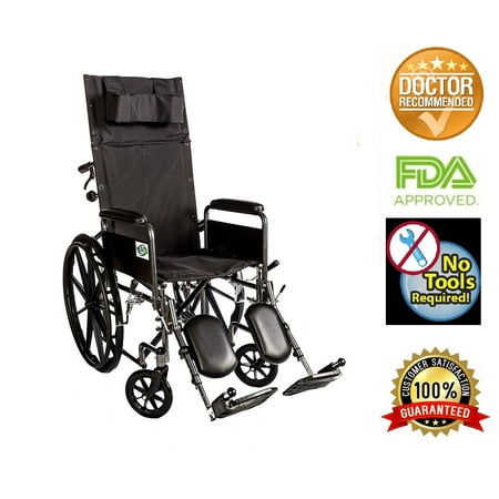 Recliner Folding Wheelchair Lightweight Full Arm Detachable Padded Flip Back With Swing Away Elevating Legrests by Healthline, Lightweight Carbon Steel Folding Wheelchair, 18 Inch