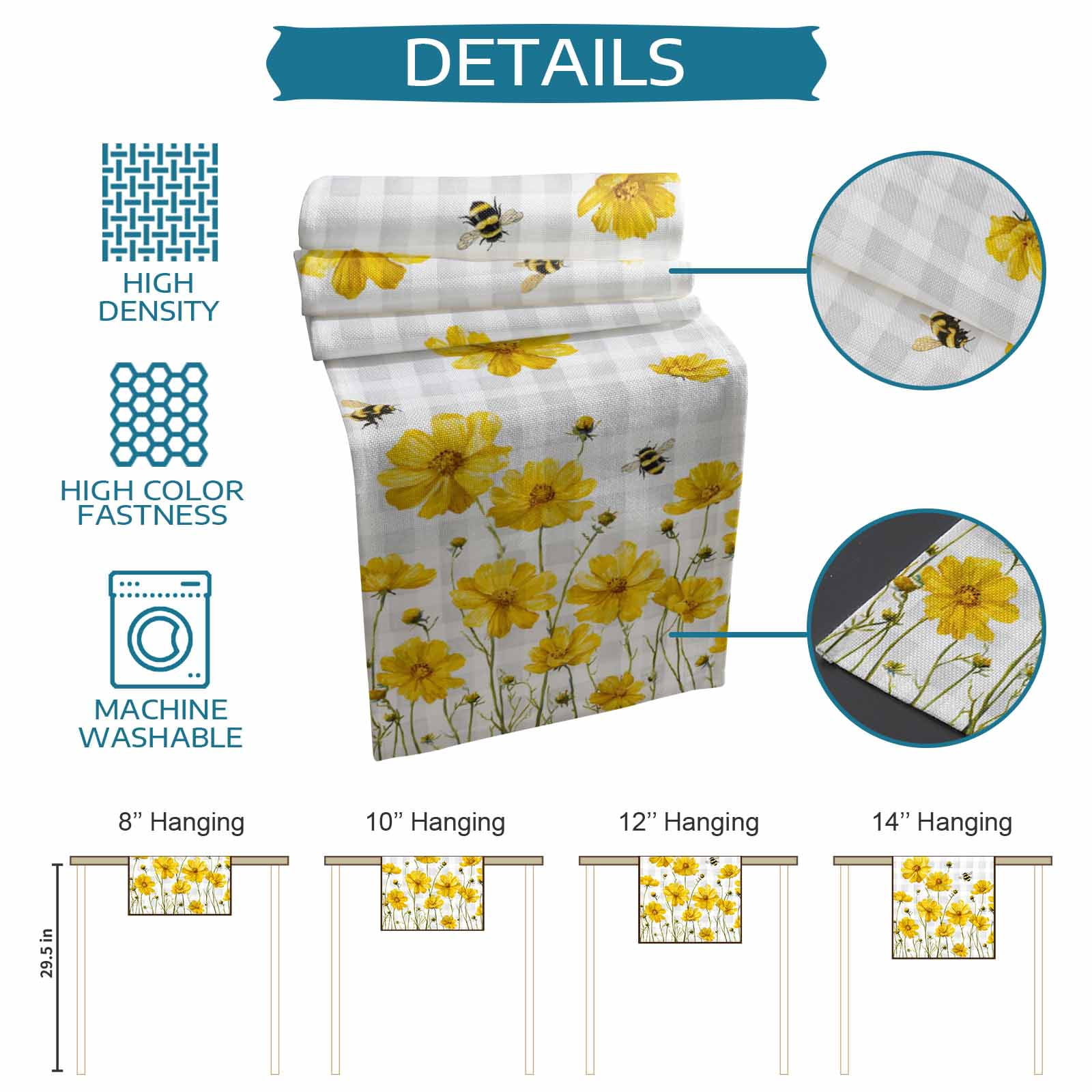 nqOlkjepod Yellow Flowers Table Runner 48 Inches Long Farmhouse Dress Scarves, Summer Bee Country Floral Gray Plaid Dining Tablerunner for Coffee Table/Kitchen Island/Party Décor, 13" x 48"