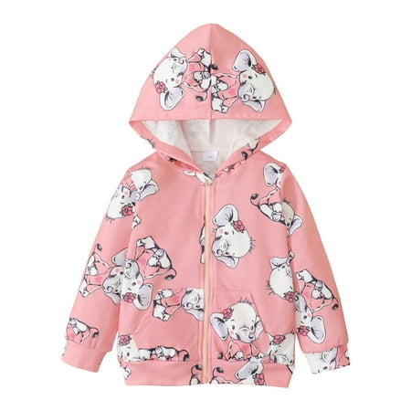 

Kucnuzki Toddler Girl Clothes 4T Infant Girl Fall-Winter Tops 5T Toddler Girl Long Sleeve Carton Elephant Prints Hooded Sweatshirt Zipper Coat Tops Pink