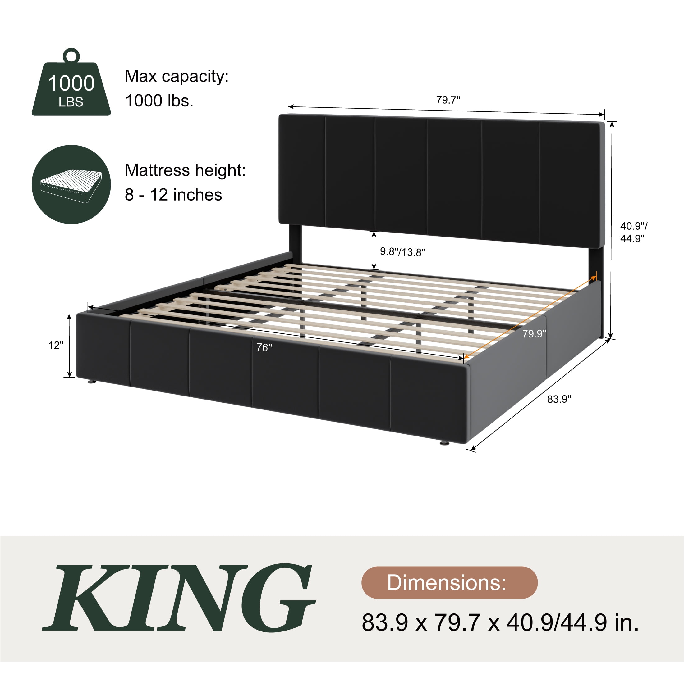 Amolife King Dutch Velvet Upholstered Platform Bed Frame with a Vertical-Channel-Tufted, Adjustable Headboard, Black