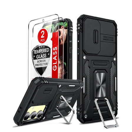 LeYi for Samsung S24 FE 5G Case: Military-Grade Heavy Duty Cover with Metal Ring Magnetic Kickstand with Tempered Glass Screen Protector [2 Pcs], Black