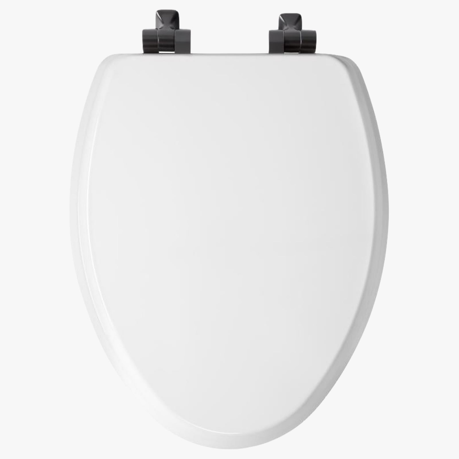 Mayfair BentonÂ®Elongated Enameled Wood Toilet Seat in White with Never Loosens and Soft Close Matte Black Hinge