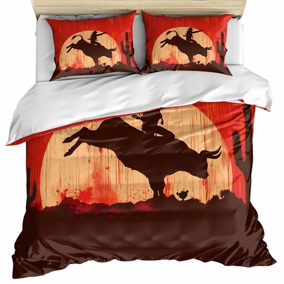 Western Cow Boy Bedding 3 Piece Duvet Cover Set Full Size, Vintage Country Desert Cactus Soft Microfiber Comforter Cover with Zipper Closure & Pillowcases, Wrinkle & FadeResistant Quilt Cover