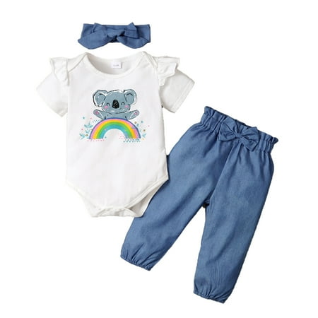 

Kucnuzki 3 Months Baby Girl Summer Outfits Pants Sets 6 Months Short Sleeve Carton Koala Prints Cozy Romper Tops Elastic Pants Headband 3PCS Set White