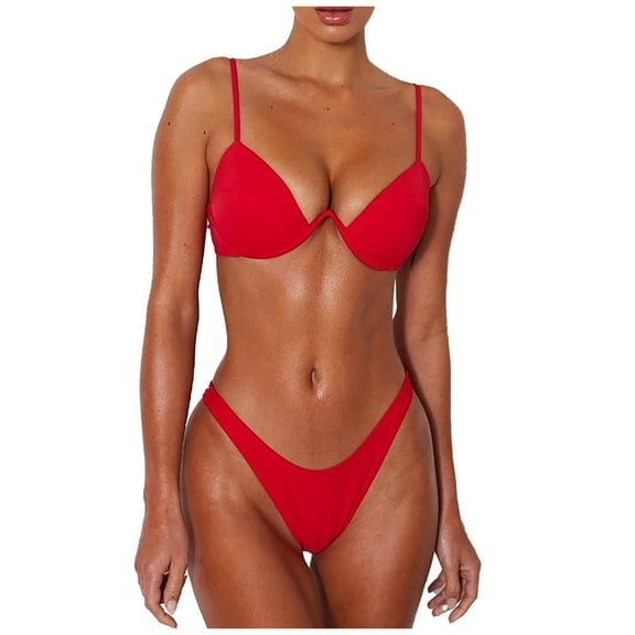 DOPI Women's Summer Fashion Sexy Solid Color V-neck Halter Bikini Beach Swimwear