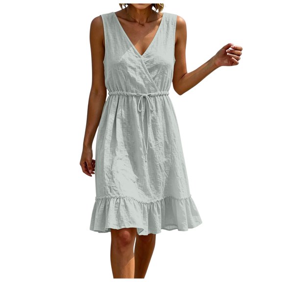 ASEIDFNSA Womens Cotton Midi Dress Sleeveless V Neck Tiered A Line Summer Sundress