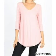 Women's V-neck Tunic Top with Round Hem and 3/4" Sleeves