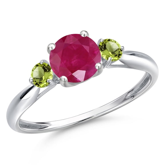 Gem Stone King 10K White Gold Red Ruby and Green Peridot 3-Stone Ring for Women | 1.24 Cttw | Round 6MM | Gemstone July Birthstone | Size 7