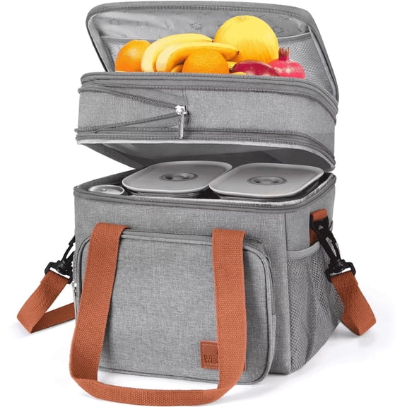 Insulated Lunch Bag for Women Men, 17L Dual Coimpartment Reusable Lunch Box Cooler Bag, Expandable Leakproof Lunch Tote Bag with Side Pocket Adjustable Shoulder Strap for Office, Picnic, Beach, Gray