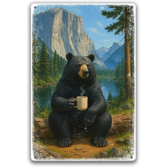 Coffee Bear Tin Sign for Cabin Wall – Vintage Wilderness Decor Metal Sign for Rustic Home, Lodge, or Lake House – National Park Inspired Coffee-Themed Wall Art, 8x12 Inch