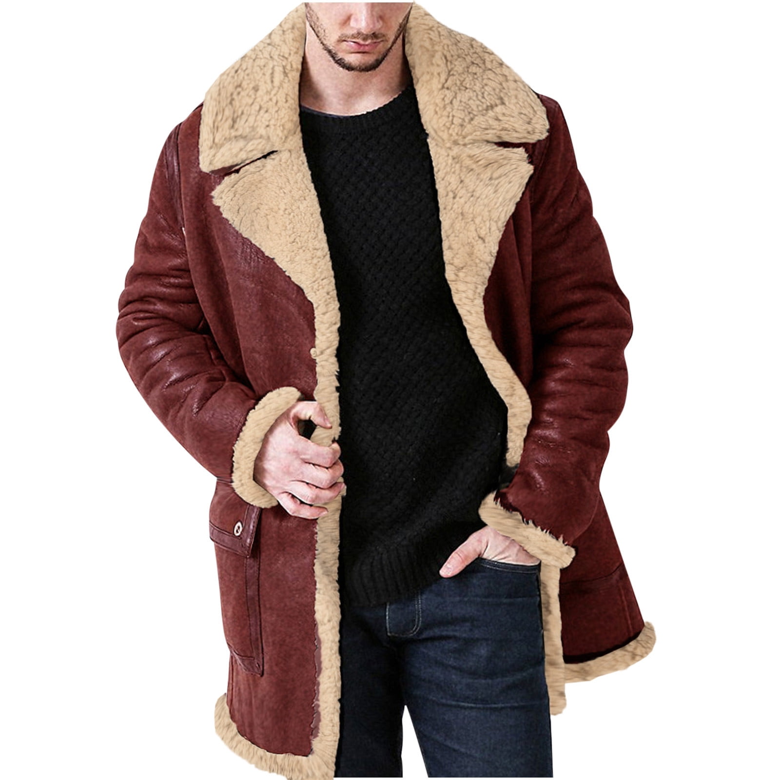 ZCFZJW Sherpa Fleece Lined Jacket for Men Vintage Leather Distressed ...
