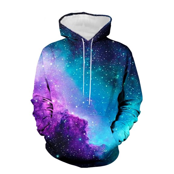 SYMOID Men's Soft Stretch Galaxy Print Pullover Hoodie - Multicolor, Size L, Cosmic Streetwear with Kangaroo Pocket