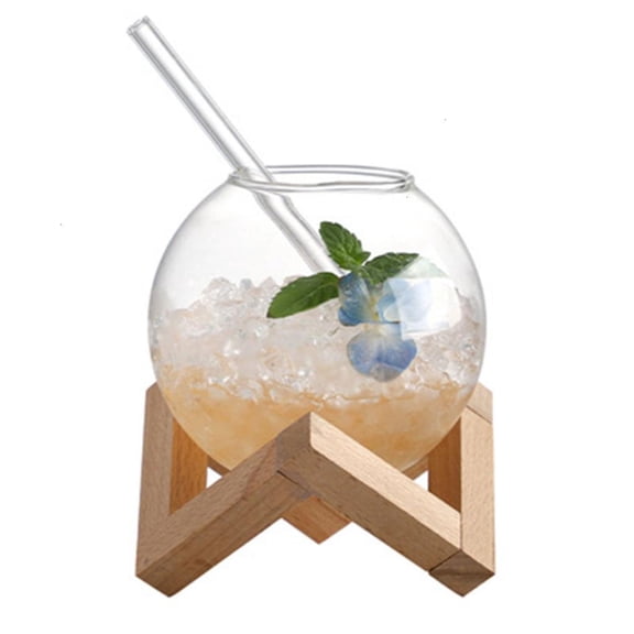 Cold Drinking Juices Cups Creative Spherical Cocktails Glass Cup with Wood Stand Drink Cup Cocktails Mug Glassware