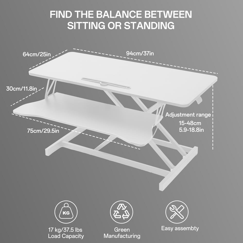 Adjustable Standing Desk Converter, Height Adjustable Desk Riser, Manual Pneumatic Spring Laptop Workstation with Keyboard Tray for Home, School (White)