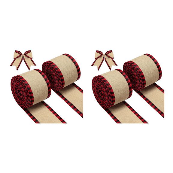 2X Wired Edge Ribbons Christmas Burlap Fabric Craft Ribbon Wrapping Rolls with Checkered Red