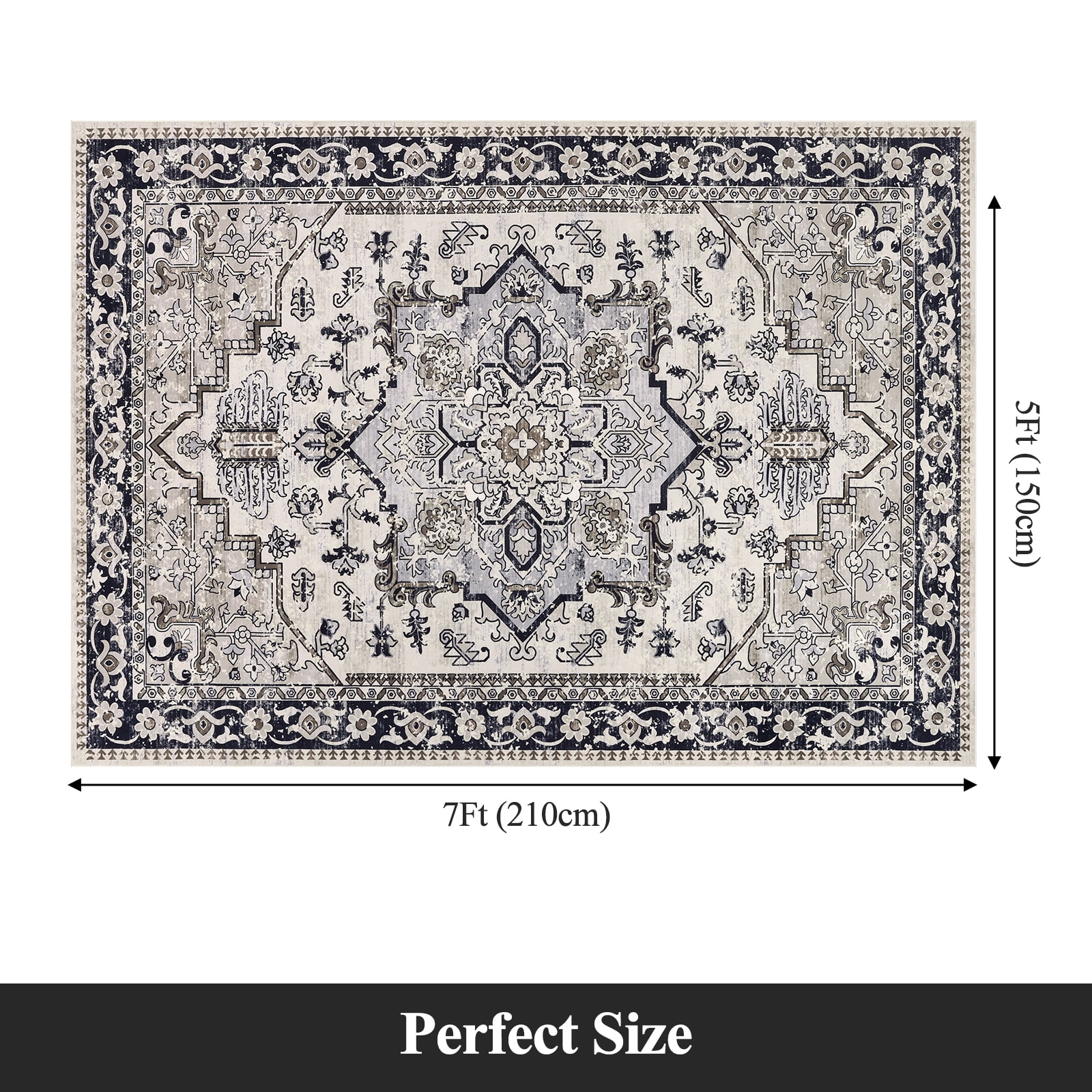 LOKHOM 5'x7' Boho Area Rug for Living Room, Non Slip Machine Washable Rugs Vintage Floor Carpet for Bedroom Dinning Room Kitchen, Black Coffee