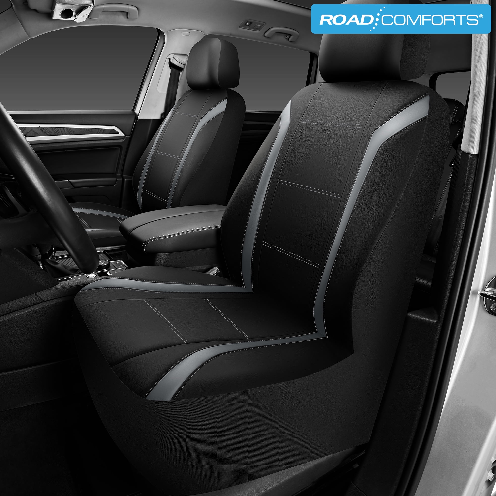 Road Comforts Leather Car Seat Cover,Sports Style Car Seat Cover,Breathable,Non-Slip,Universal Fit,Gray Front Seats