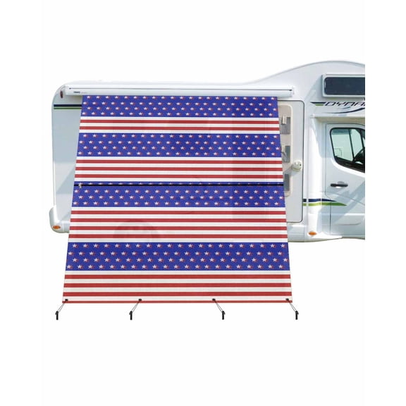 4th of July RV Awning Sun Shade Screen 9'X7' USA Flag Mesh Sunscreen Patriotic Stars Stripe Lines Awning Shade Screen with Zipper UV Blocker Completed Kits Outdoor Canopy for RV Motorhome Camper