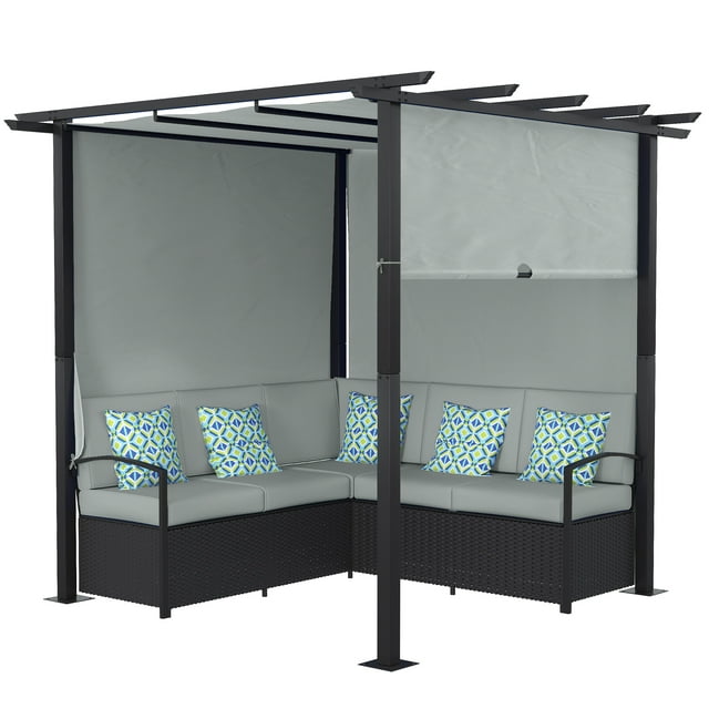 Outsunny Patio Furniture w/ Retractable Canopy Pergola Sofa Set, Grey