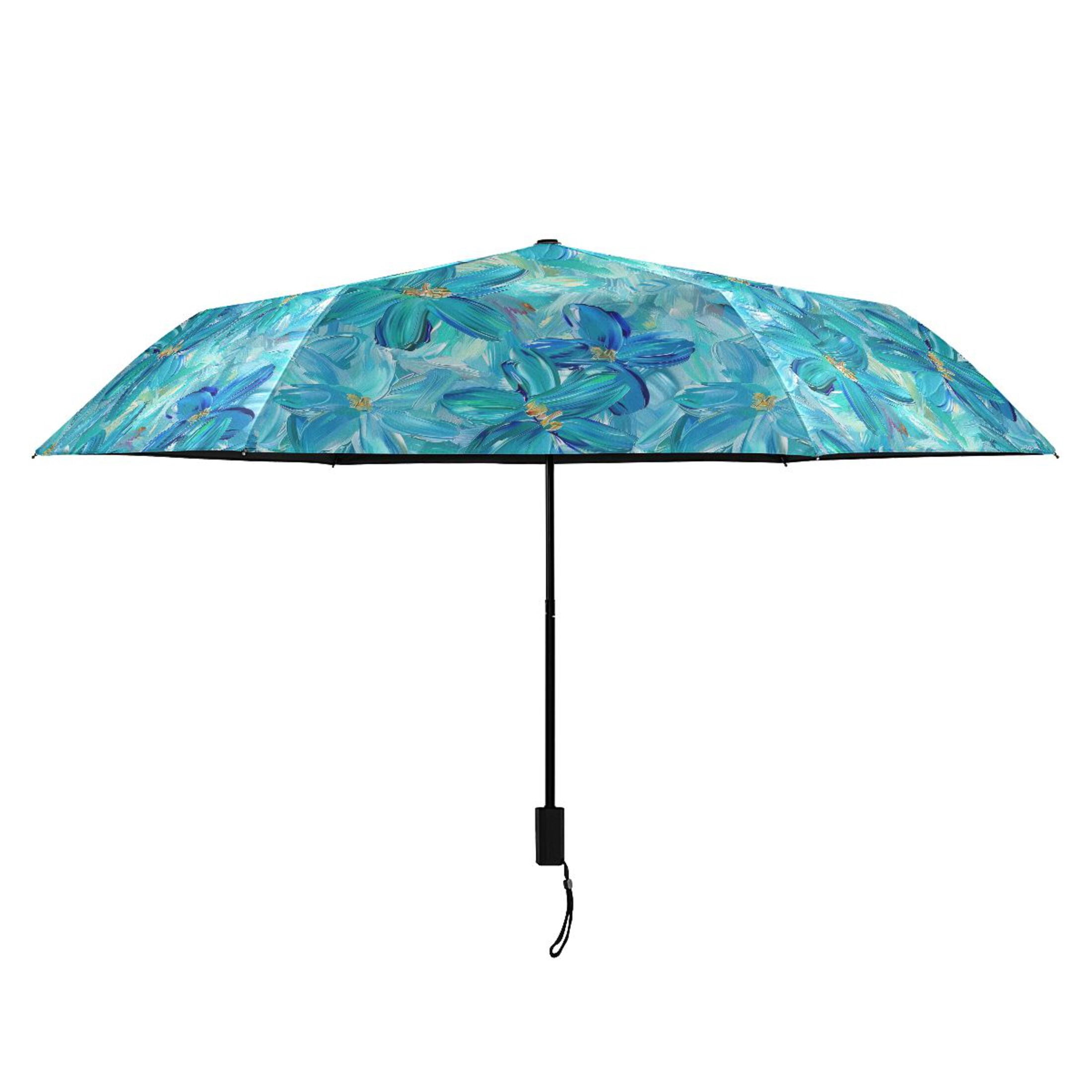 Turquoise and Blue Flowers Compact Sun Umbrella Windproof Travel Umbrellas for Rain Strong Portable UV Protection