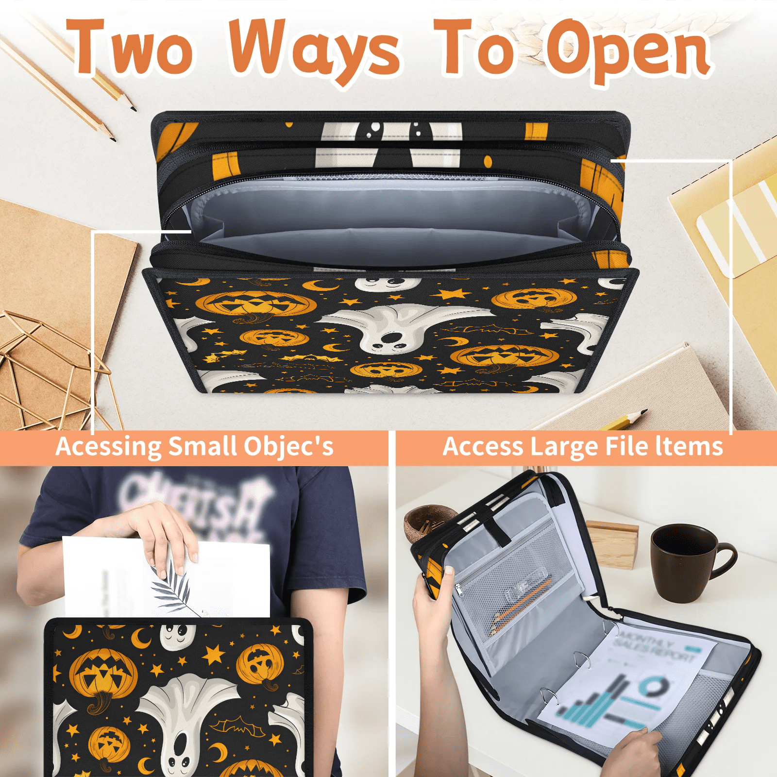 Herdesigns Funny Ghost Zipper Binder 1.5 Inch 3 D-Rings with Shoulder Strap & Handle, Waterproof Halloween Pumpkin Binder Organizer Bag for 13 Inch Laptop