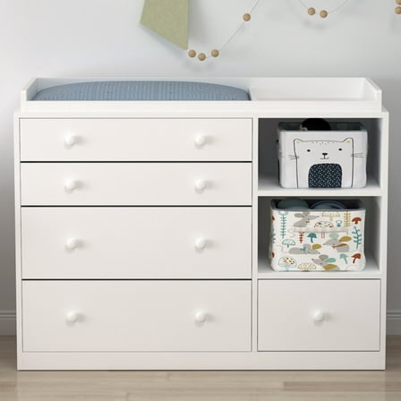 MONSLIPA Nursery Dresser Baby Dresser with 5 Drawer & 2 Shelves, White Wood Chest of Drawers for Storage, Bedroom Nursery, White (47.2"L x 19.7"W x 33.3"H)