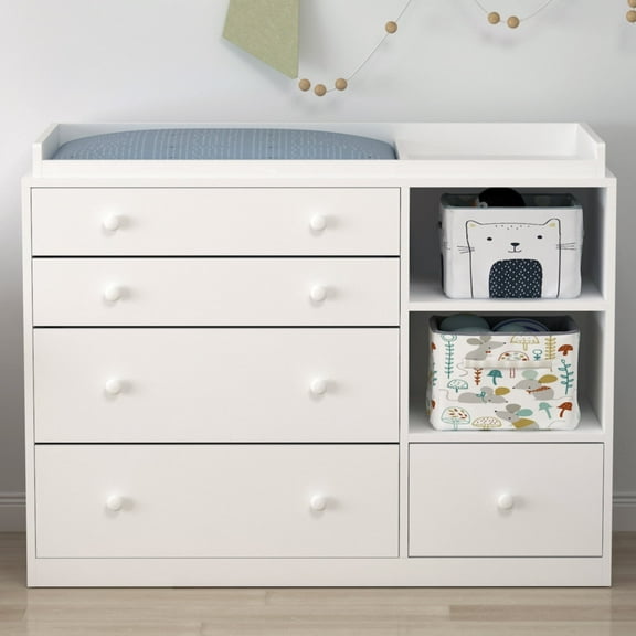 MONSLIPA Nursery Dresser Baby Dresser with 5 Drawer & 2 Shelves, White Wood Chest of Drawers for Storage, Bedroom Nursery, White (47.2"L x 19.7"W x 33.3"H)