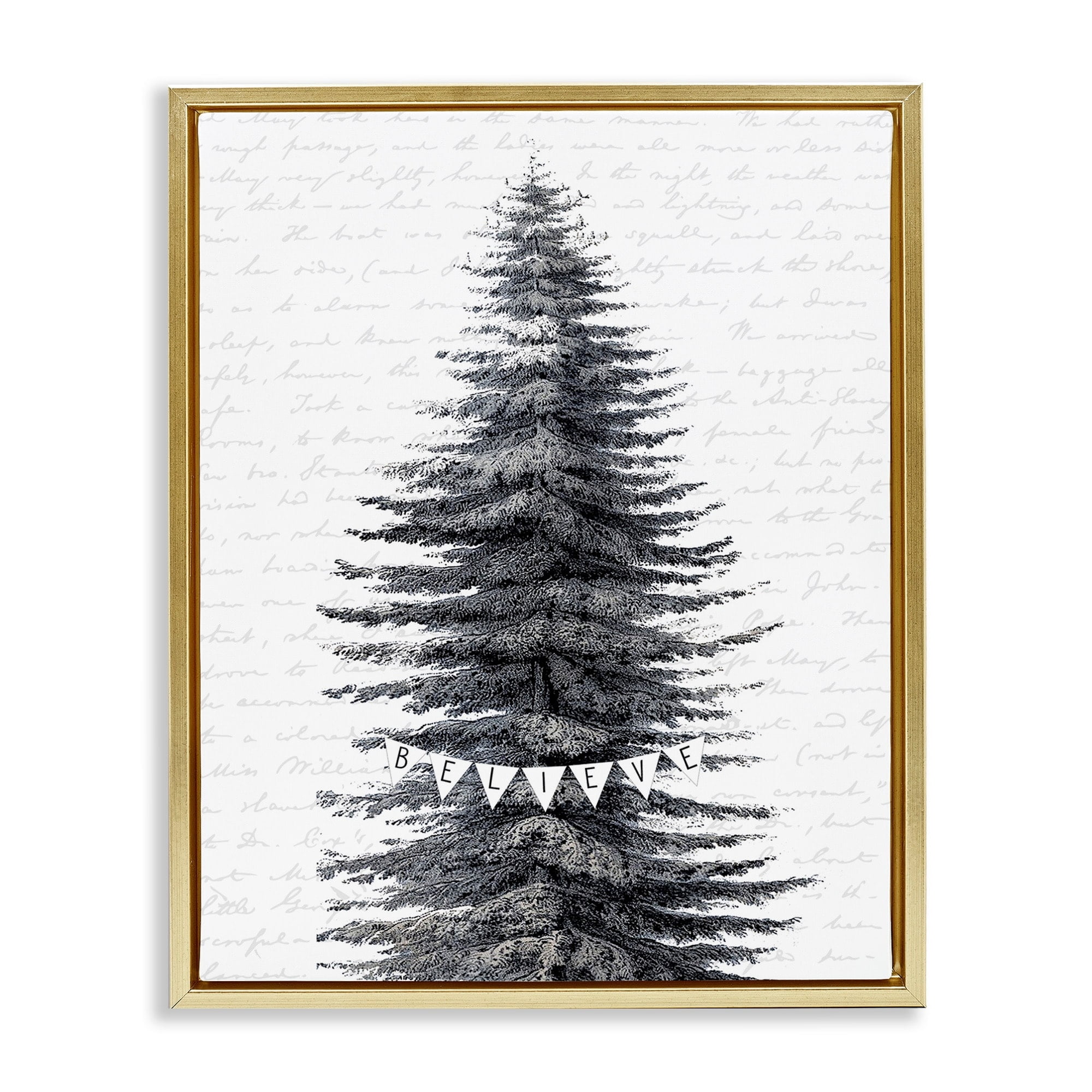 Stupell Industries Snow Covered Christmas Tree Believe Holiday Word Design Metallic Gold Framed Floating Canvas Wall Art, 16x20, by Lettered and Lined