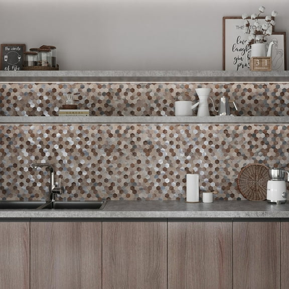 10 pack Silver Beige Hexagon 11.25 in. x 11.25 in. Honed Metal Peel and Stick Tile for Kitchen and Bathroom (8.79 sq. ft./Case)