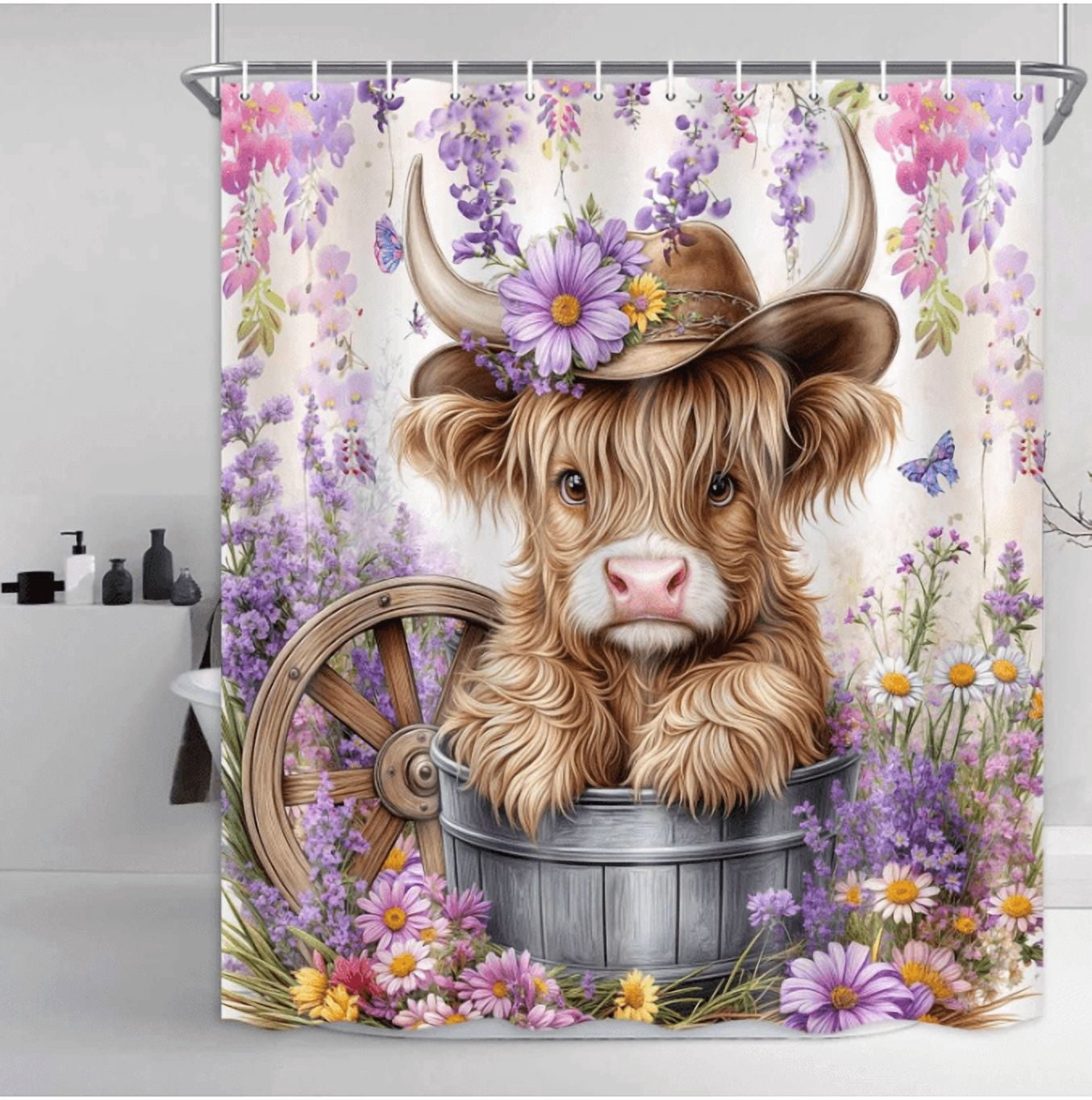 Farmhouse Highland Cow Shower Curtain, Purple Rustic Floral Highland Cow Bathroom Curtain Decor, Waterproof Western Country Funny Bull Bath Curtain with 12 Hooks,60X70