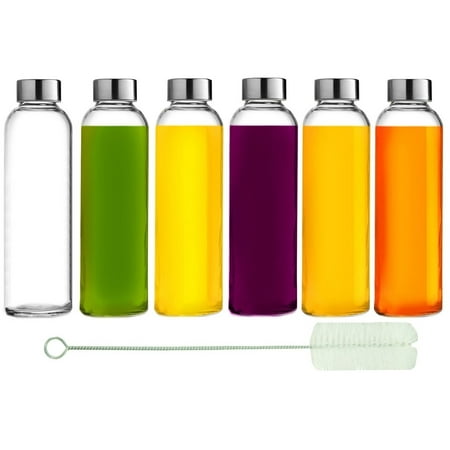 Glass Water Bottles: 6 Pack, 18 Oz, Stainless Steel Leak Proof Lid, Premium Soda Lime, Best As Reusable Drinking Bottle, Sauce Jar, Juice Beverage Container, Kefir Kit - With Cleaning (Best Container For Water)