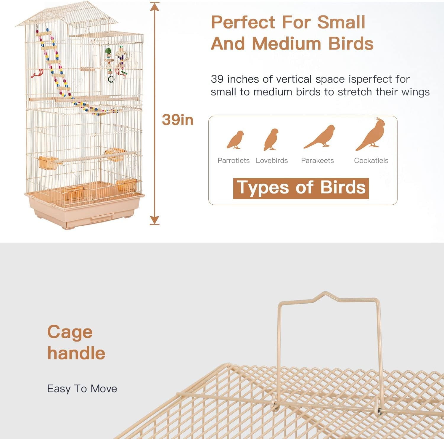 Dkelincs 39 inch Open Top Parakeet Bird Cage Large Flight Pet House Accessories with Toys, Almond