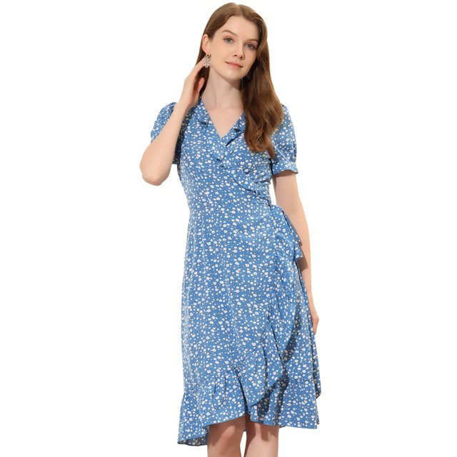 Unique Bargains Robe d'Été à Volants pour Femmes Col en V Nouée Manches Courtes Midi Robe Florale Bleue S