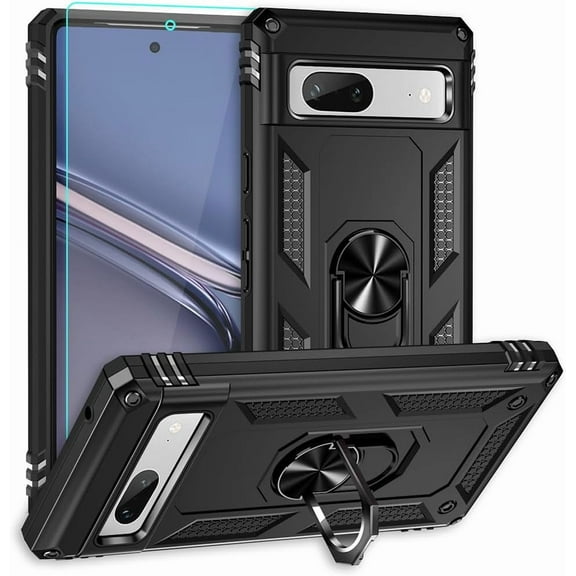 MYKOMI Designed for Google Pixel 7a Case with HD Screen Protector, Military-Grade Metal Ring Holder Kickstand 15ft Drop Tested Shockproof Cover Case for Pixel 7a