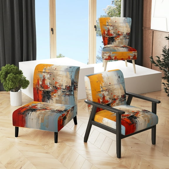 Designart "Hybrid Harmony I" Red Abstract Collages Upholstered Accent Chair - Modern Arm Chair For Bedroom