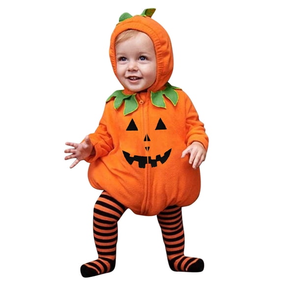 Infant Baby Boy Girl Hooded Zipper Romper With Orange Black Striped Footed Pants, Autumn Holiday Halloween Matching Outfit
