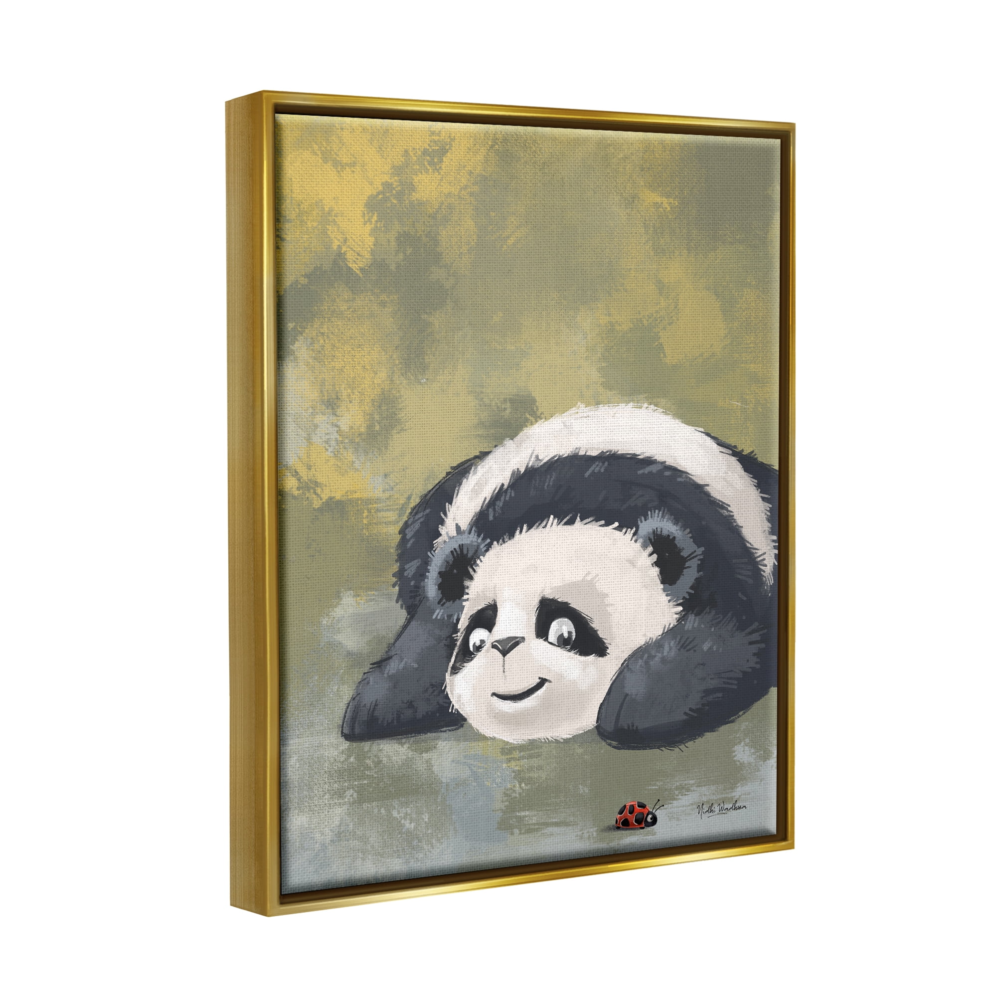 Stupell Industries Panda Watching Ladybug Animals & Insects Painting Gold Floater Framed Art Print Wall Art, 17 x 21