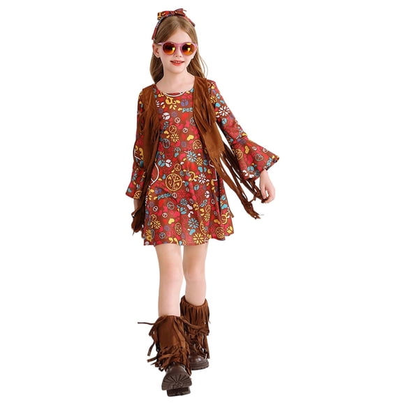 MIASHUI 60s 70s Hippie Disco Dress for Girls Halloween Party Retro Boho Style Outfit Brown,9-10 Years