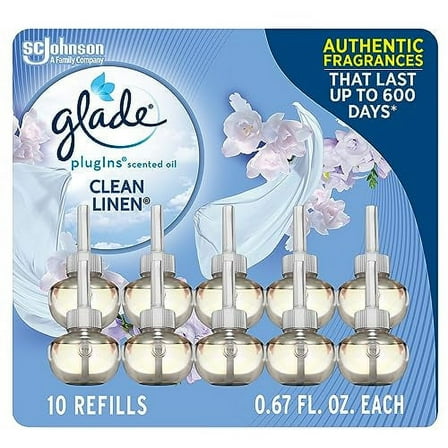 Glade PlugIns Refills Air Freshener, Scented and Essential Oils for Home and Bathroom, Clean Linen, 6.7 Fl Oz, 10 Count (Packaging May Vary)