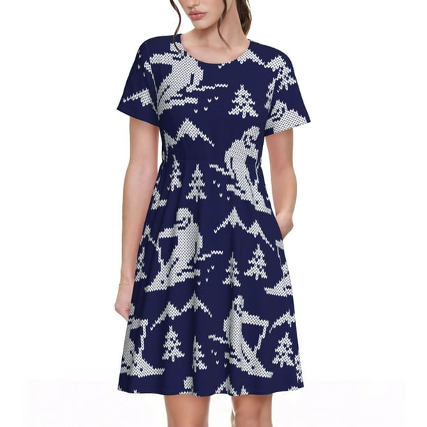 Easygdp Abstract Skiing para Vestido Transpirable de Mujer, Vestido Suelto de Manga Corta con Pliegues y Bolsillos para el Verano
