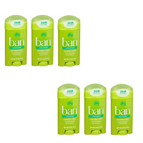 Ban 24hr Antiperspirant Deodorant Invisible Solid Unscented Antiperspirant Deodorant Solid 6 Pack with Unscented, 2.6 oz