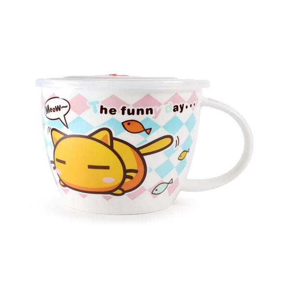 Microwavable Ceramic Noodle Bowl with Handle and Seal Fine Porcelain Cute Animal