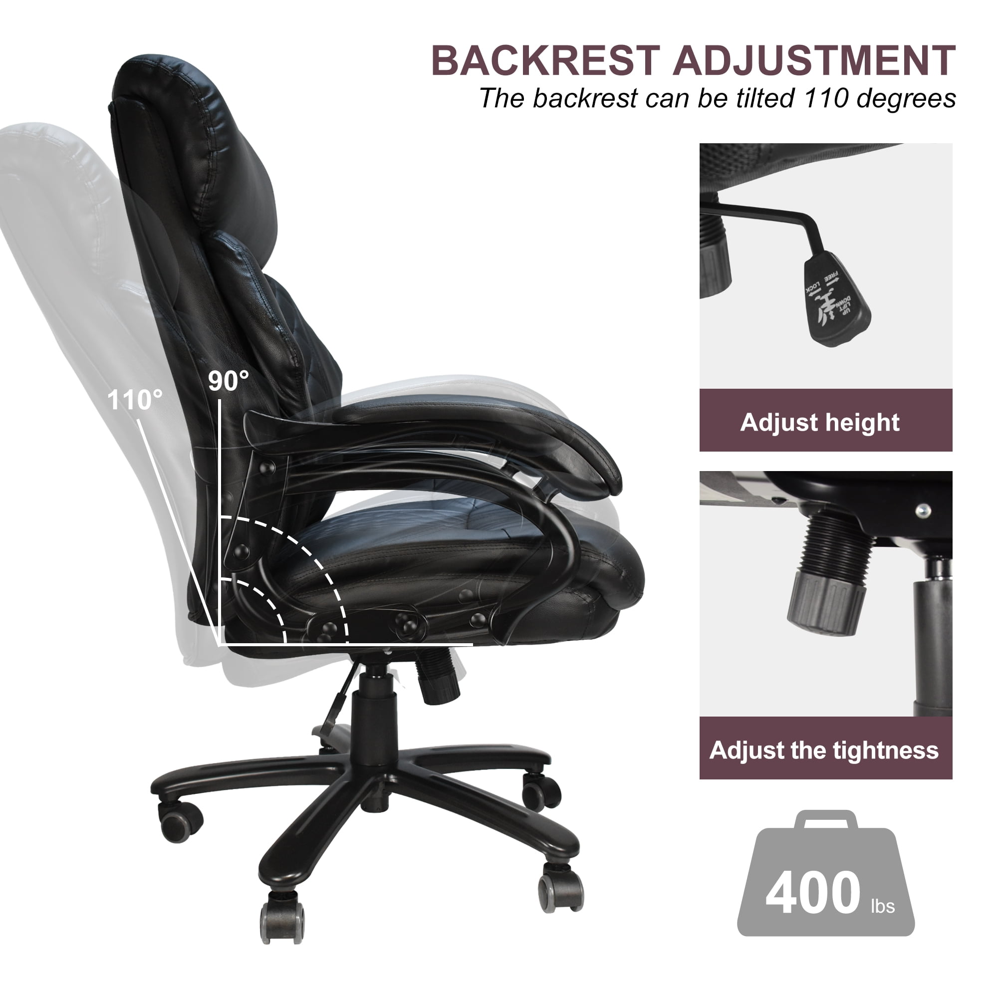 Heavy Duty Executive Office Chair, 400lbs Big and Tall Leather Office Chair  for Heavy People, High Back Ergonomic Computer Desk Chair with Tilt  Rock&Tension, Padded Armrests, Black 