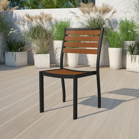 Flash Furniture Outdoor Stackable Side Chair with Faux Teak Poly Slats