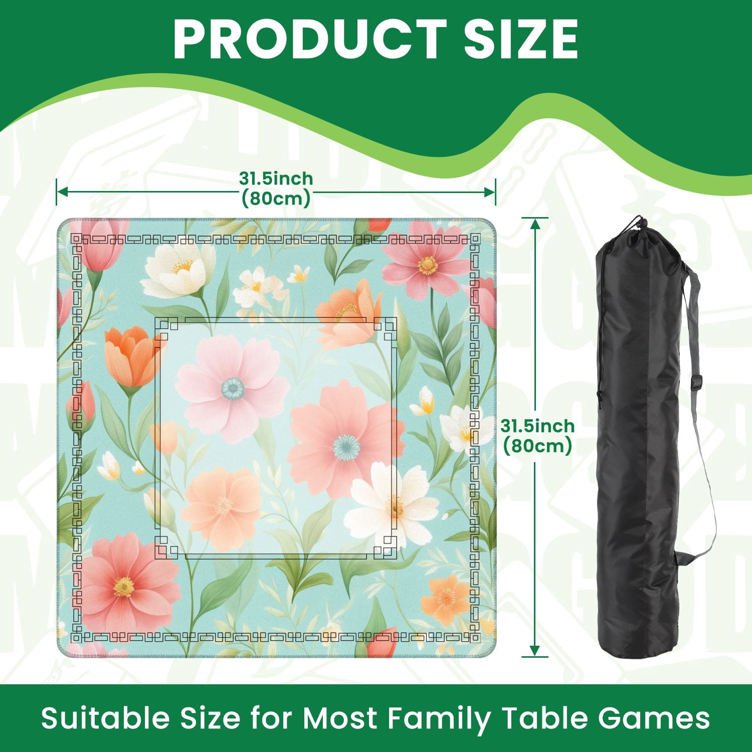 Mahjong Mat 31.5" x 31.5" Seamless Watercolor Floral Pastel Flowers Turquoise Non-Slip Noise Reduction American Mahjong Tiles Table Cover for Dominoes Poker Card Board Games Gift