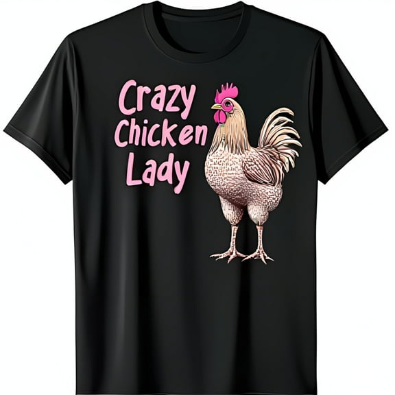 Black T-Shirt with Rooster Graphic & Chicken Lady in Pink Cursive