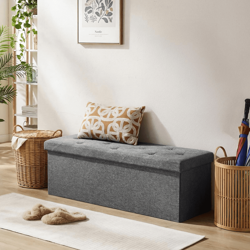 Kelno 43" Foldable Storage Ottoman Bench Linen Footrest Stool with Foam Padded Seat, Gray