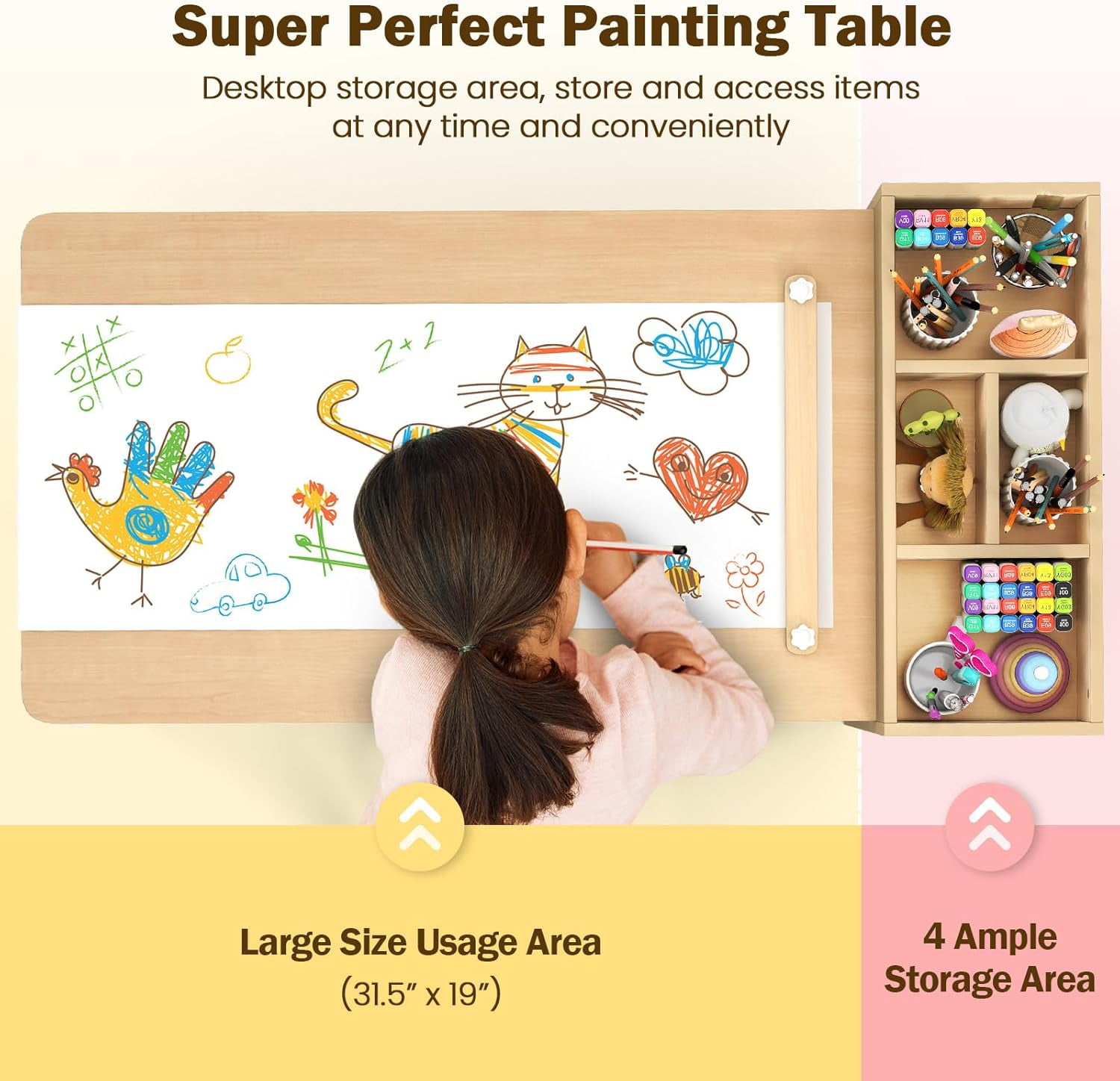 INFANS Kids Table and Chair Set, Toddler Art Craft Play Wood Activity Desk with 2 Chairs 4 Storage Canvas Bins Paper Roll for Writing Drawing, Children Furniture for Daycare Nursery