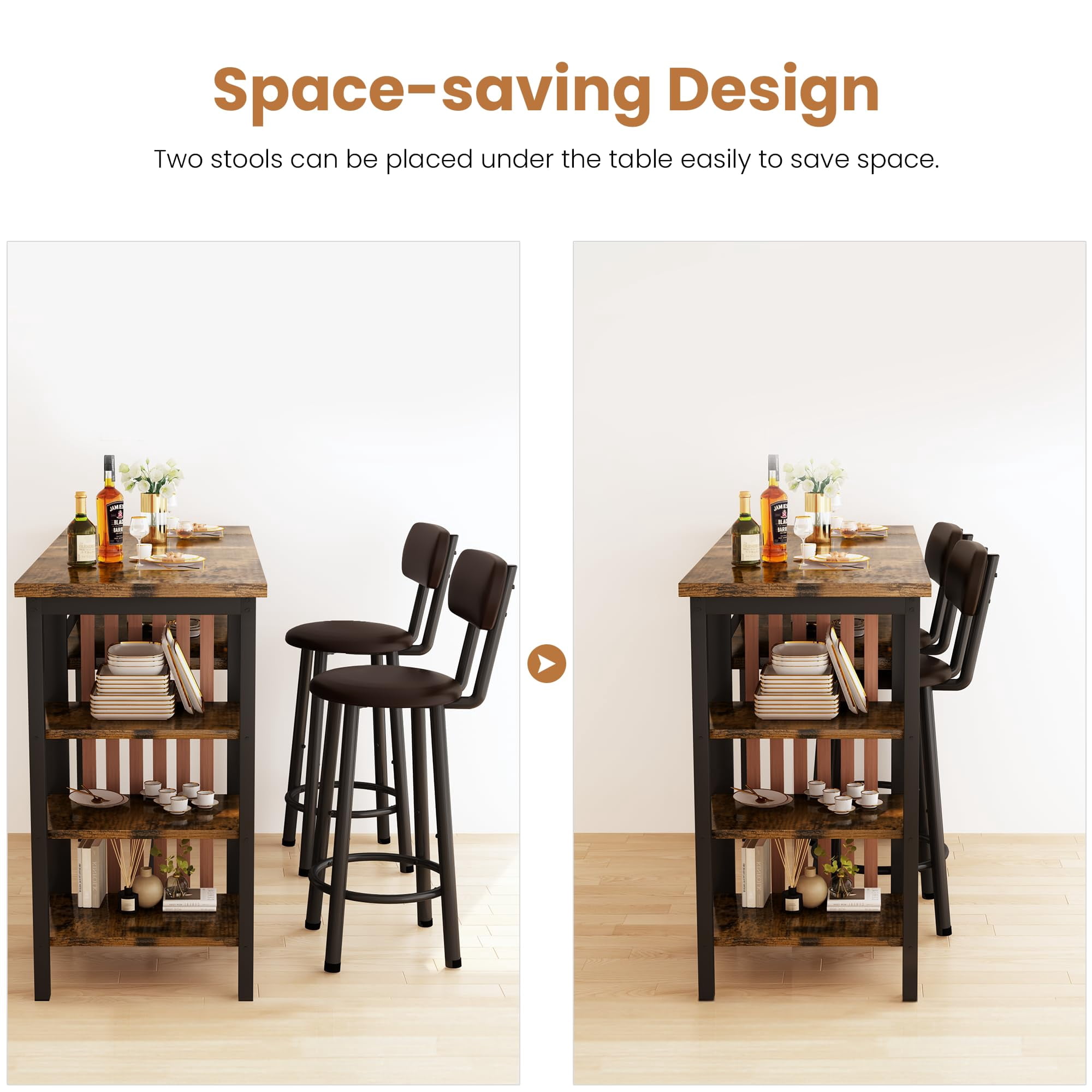 Lamerge Bar Dining Table Set for 2, 3 Piece Bar Table and Chairs Set, Kitchen Counter Height Dining Table Set, Small Kitchen Bar Table with Storage, Breakfast Nook Set for Small Space, Rustic Brown