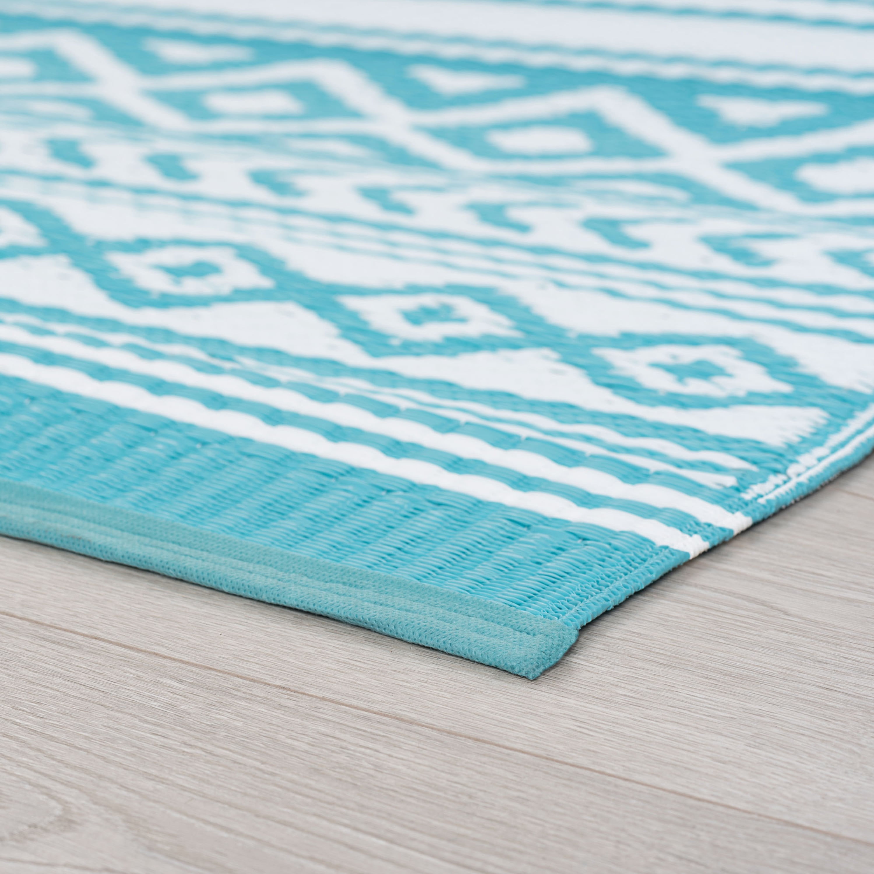 9x12 Reversible Aqua and White Polypropylene Outdoor Stripe Area Rug